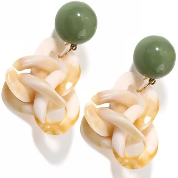 NWT Tan Tortoiseshell & Green Chain Link Chinoiserie Acrylic Drop Earrings - Picture 1 of 9